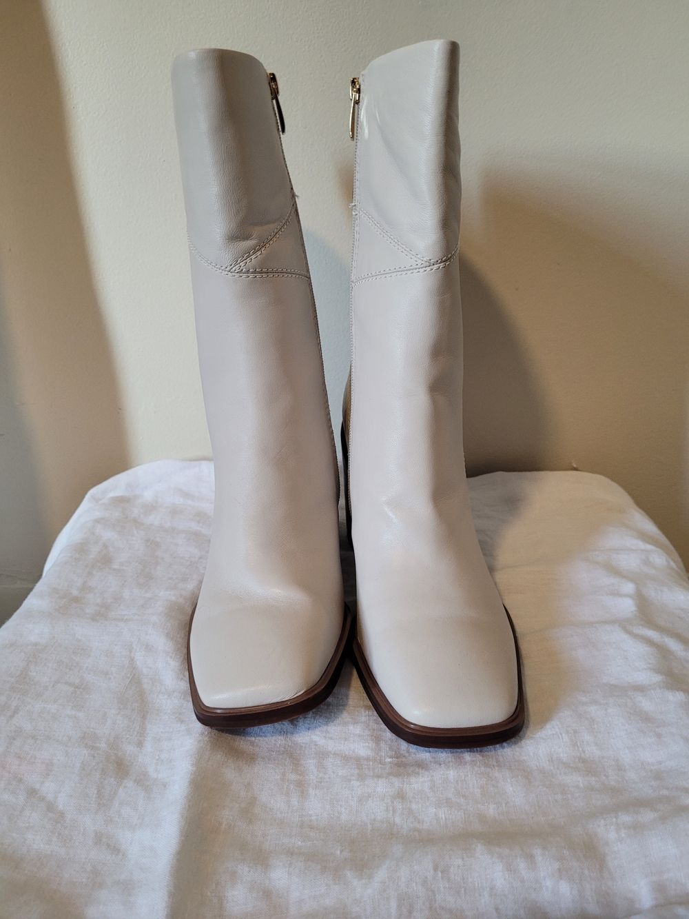Franco Sarto Women's Cream  Leather Heeled Boots - Sleek Square Toe